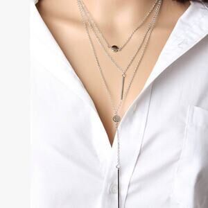 Express Silver Long Multilayer Coin & Bar Drop Necklace